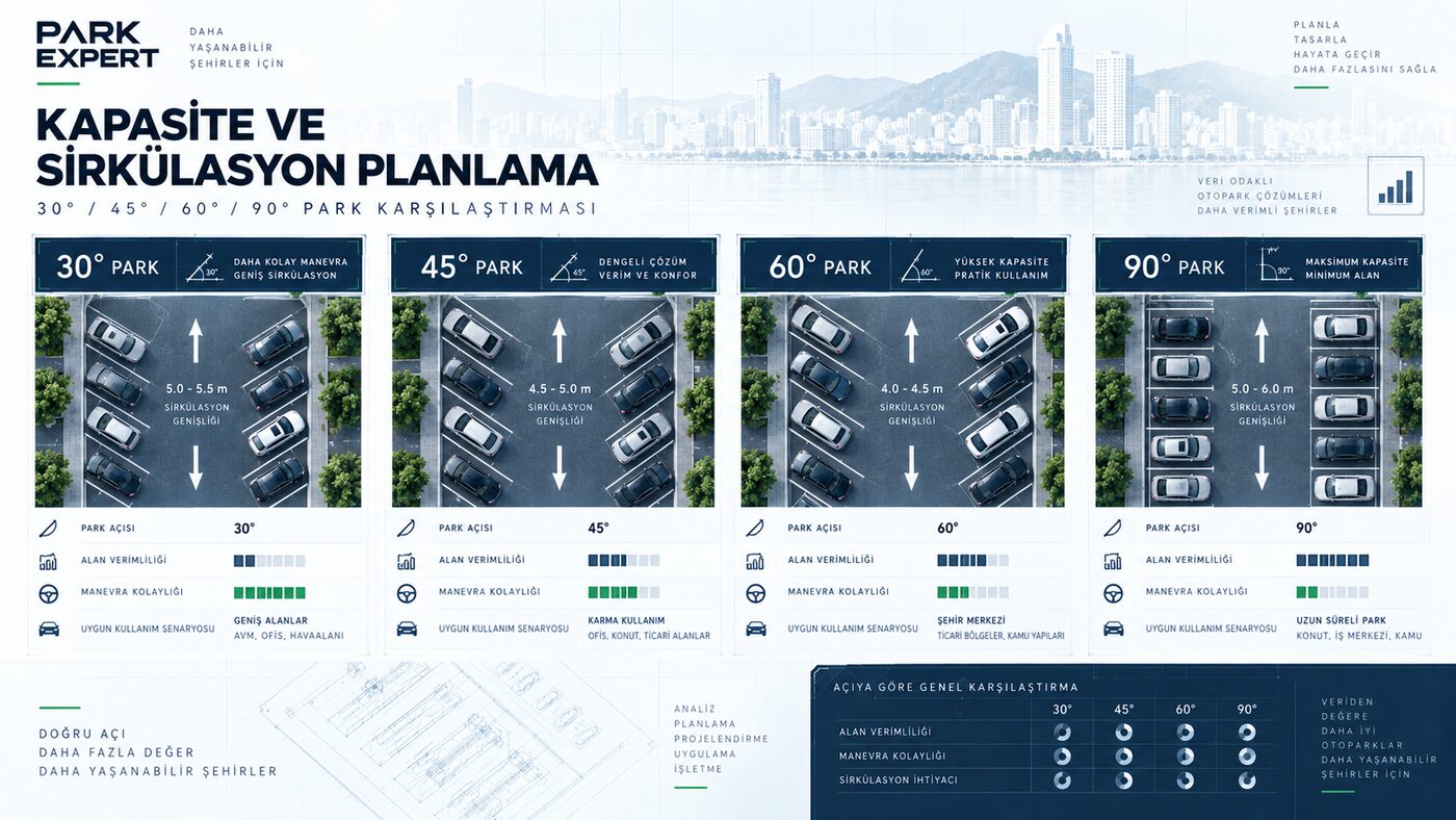 Otopark park açıları 30 45 60 ve 90 derece karşılaştırması