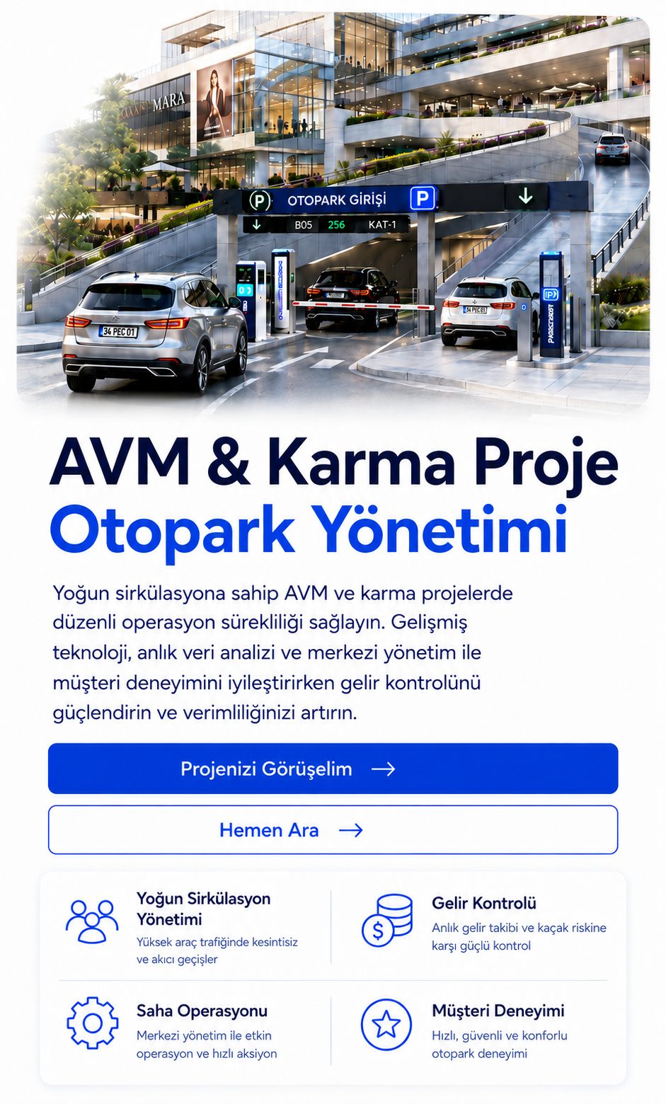 AVM otopark girişinde yoğun araç sirkülasyonu; kat ve boş yer bilgisi veren yönlendirme ekranları ve ödeme kioskları.